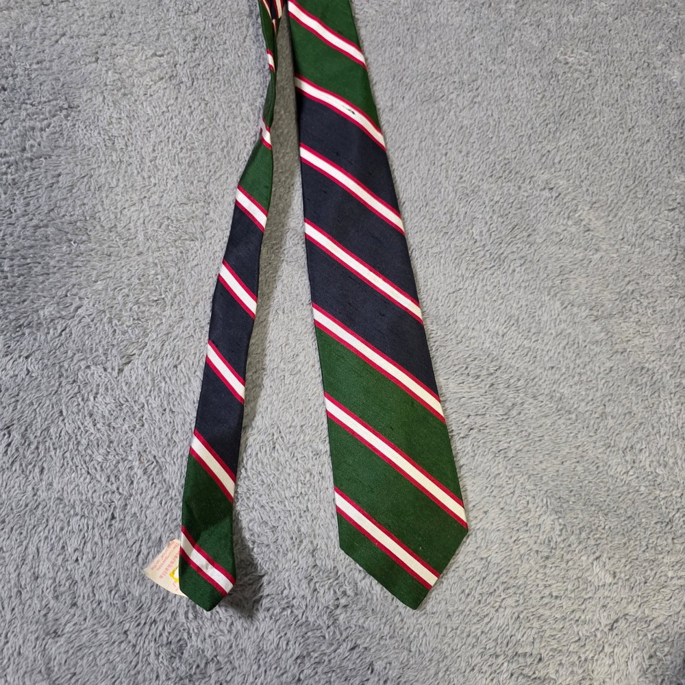 Rooster Mens OS Necktie Green Navy White Red Striped Repp Silk Blend Vintage USA